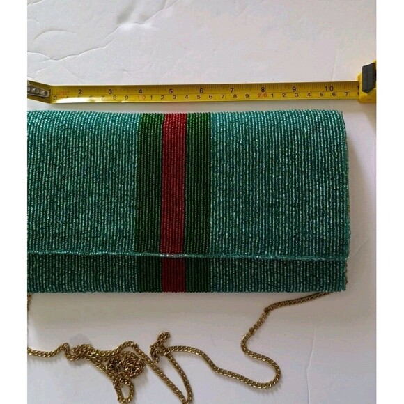 Seed Bead Clutch Bag Blue Red Green Gold Chain Detachable Strap Snap Close - Picture 5 of 10